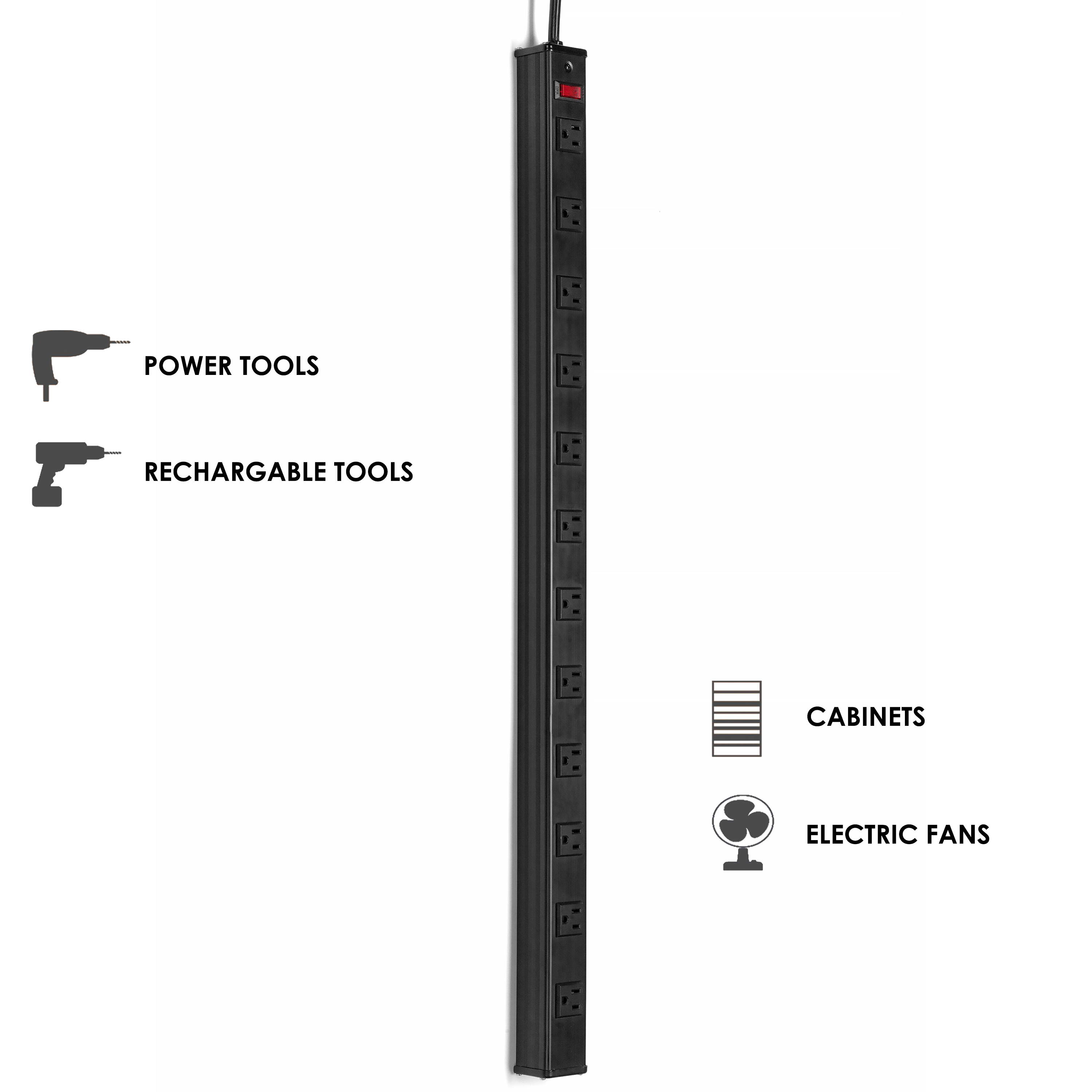 BESTTEN Metal Surge Protector Power Strip, 12 Wide-Spaced Outlets and 12ft Long Extension Cord, 450 Joules, 15A/125V/1875W, On/Off Circuit Breaker, ETL Listed, Black