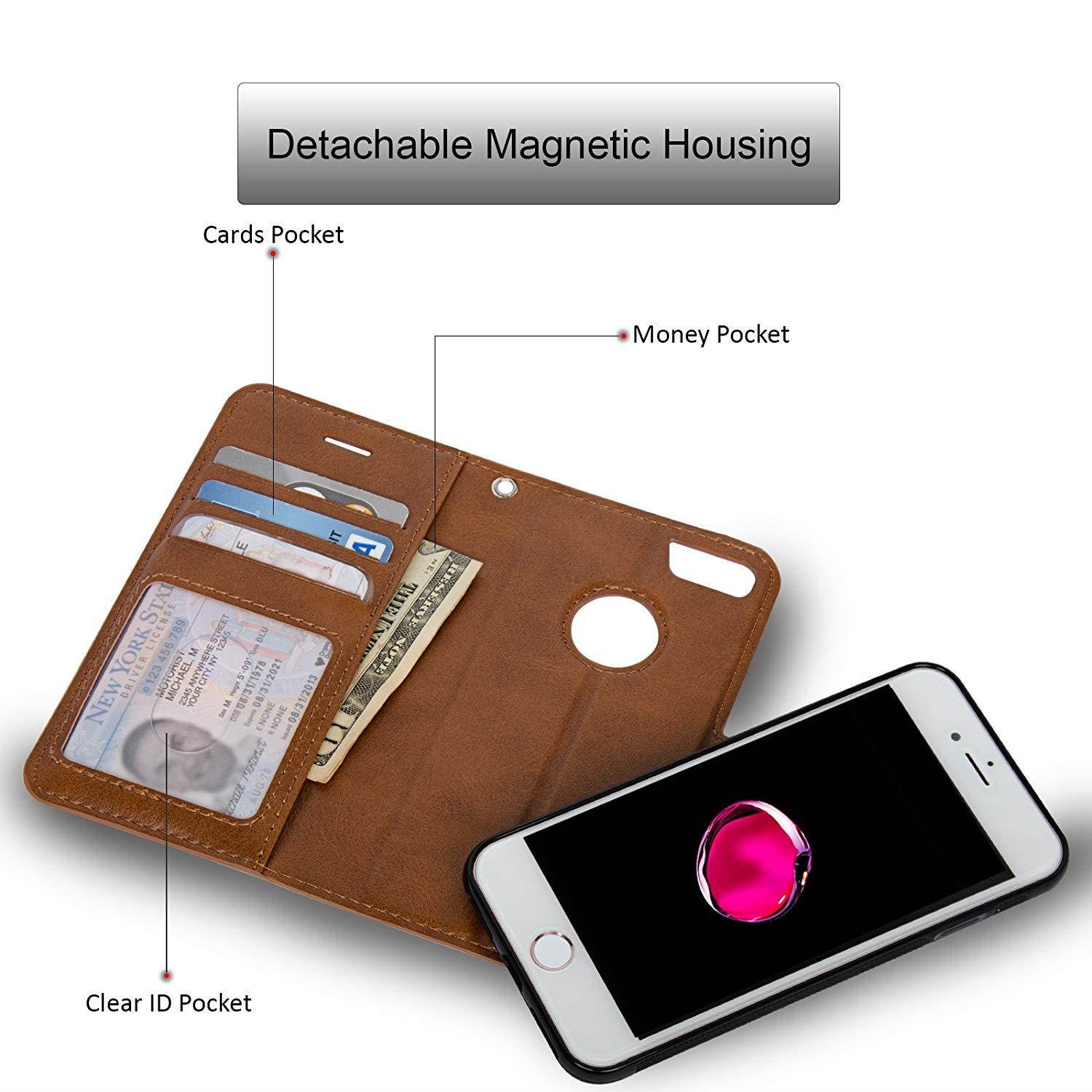 Navor Detachable Magnetic Wallet Case & Universal Car Mount Compatible for iPhone 7 & 8 [RFID Theft Protection] JOOT-1L Series - Brown