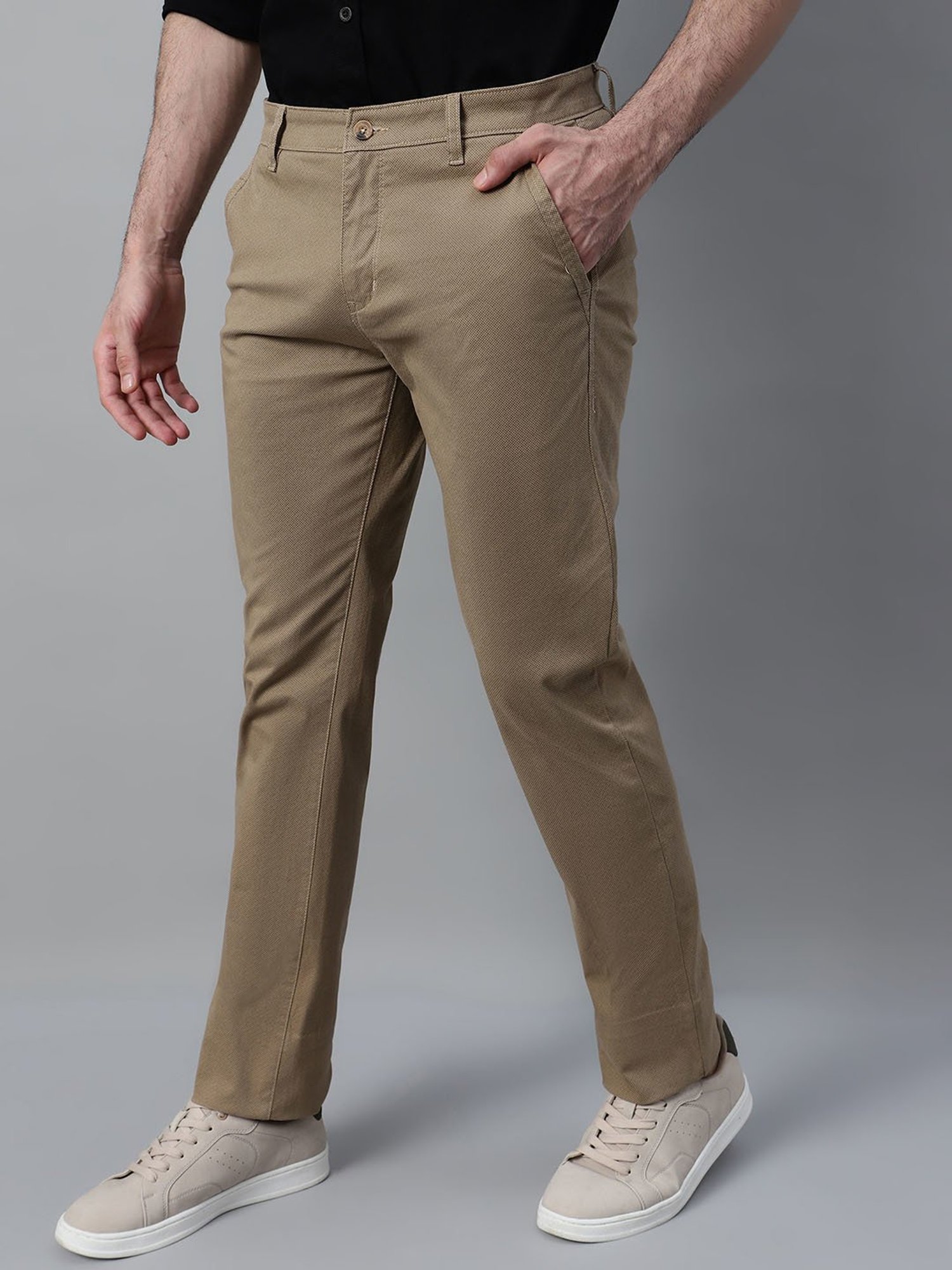 Cantabil Khaki Cotton Blend Regular fit Self Trousers