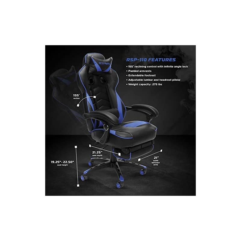 110 Racing Style Gaming Chair, Reclining Ergonomic Chair with Footrest, in Blue (RSP-110-BLU)