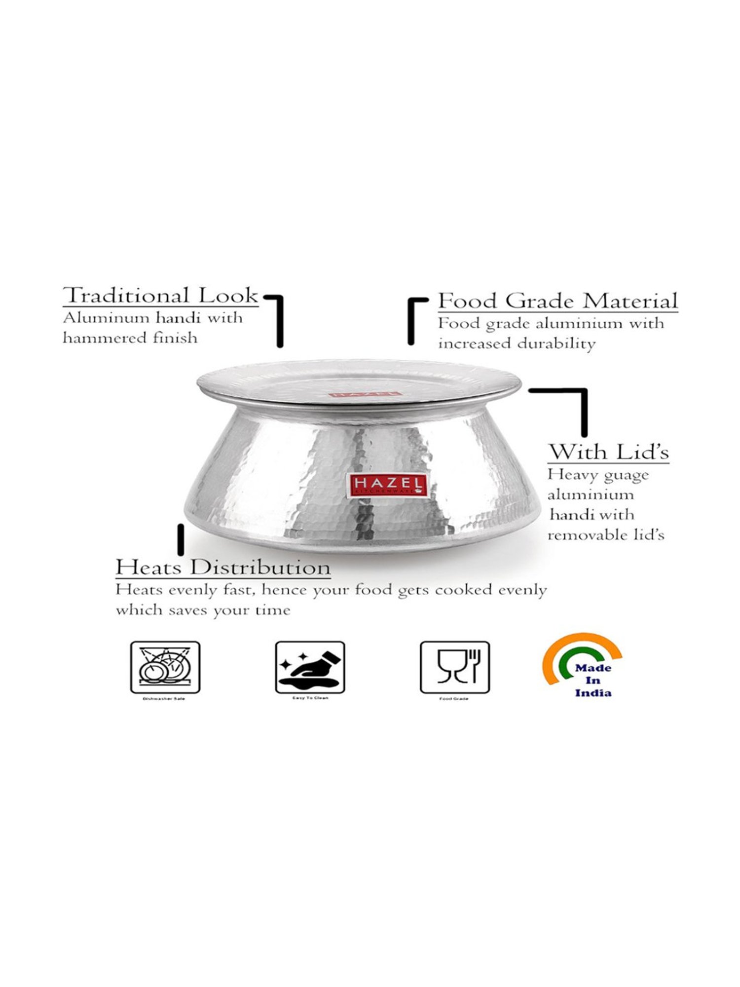 HAZEL Hammered Finish Silver Aluminium Tope or Patila with Lid (Set of 1)