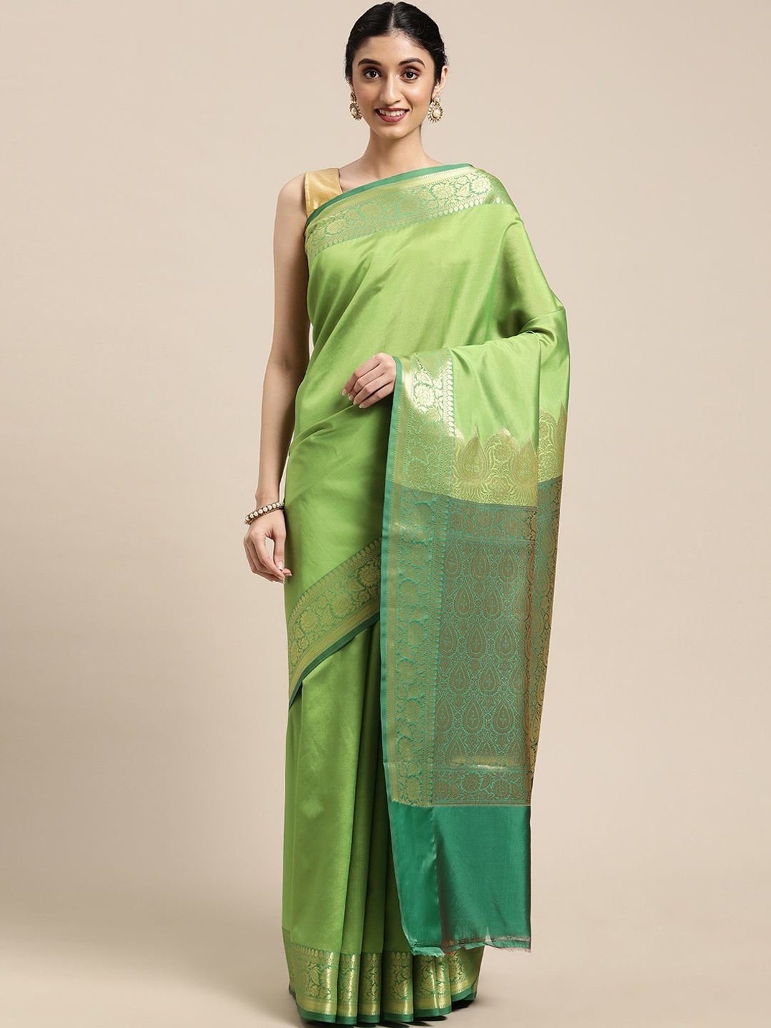 Banarasi Silk Works Green Silk Woven Saree With Unstitched Blouse