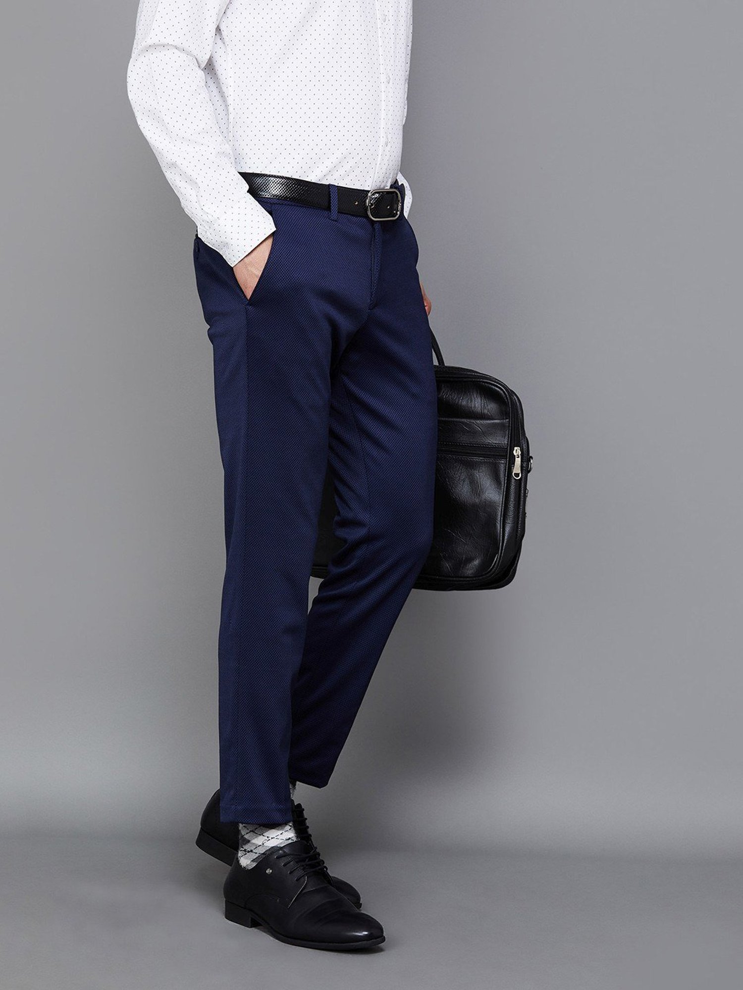 Code by Lifestyle Blue Regular Fit Self Pattern Trousers