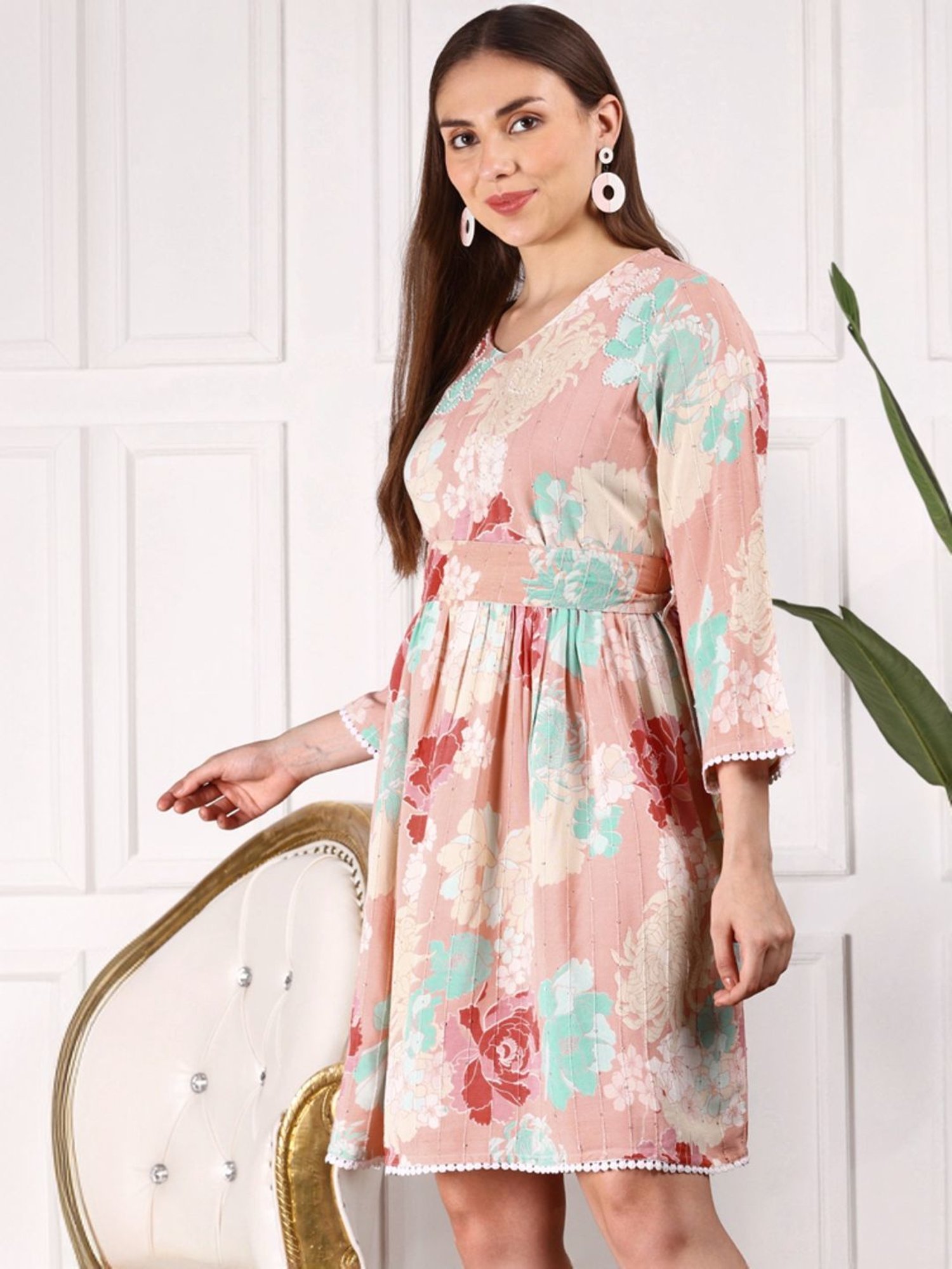 Ishin Multicolor Floral Print A-Line Dress