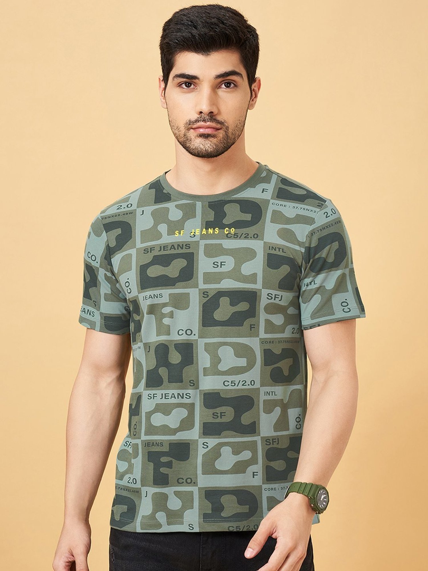 Sf Jeans By Pantaloons Green Slim Fit Printed T-Shirt