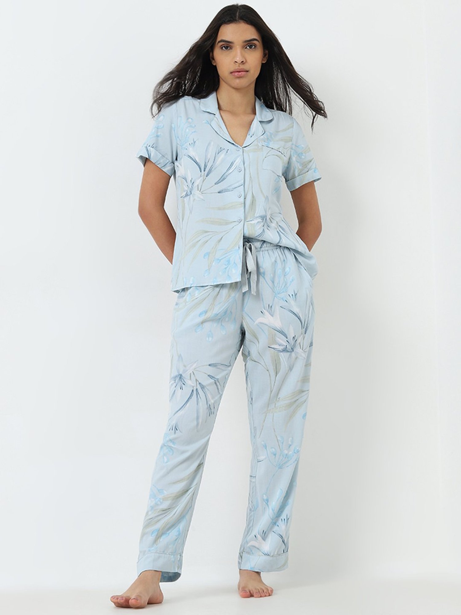 Wunderlove by Westside Light Blue Floral Shirt and Pyjamas Set