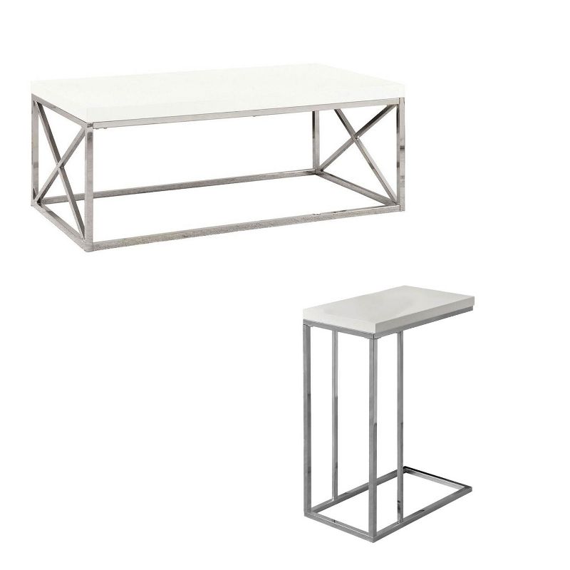 Monarch Glossy White Chrome Contemporary Living Room Coffee Table & End Table