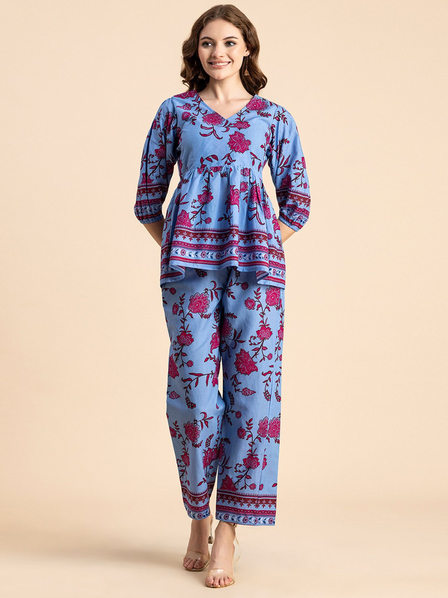 Moomaya Blue & Pink Cotton Floral Print Top With Pants
