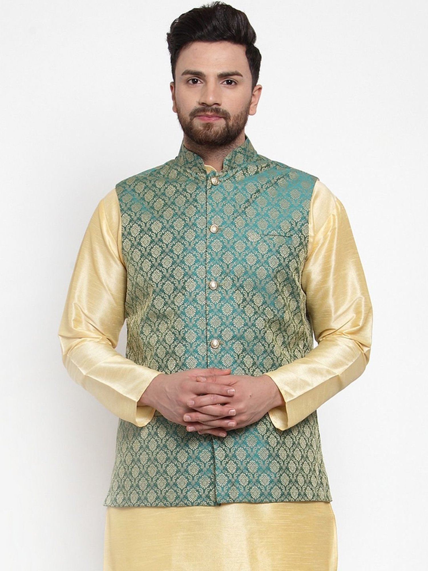 Jompers Green Regular Fit Embroidered Nehru Jacket