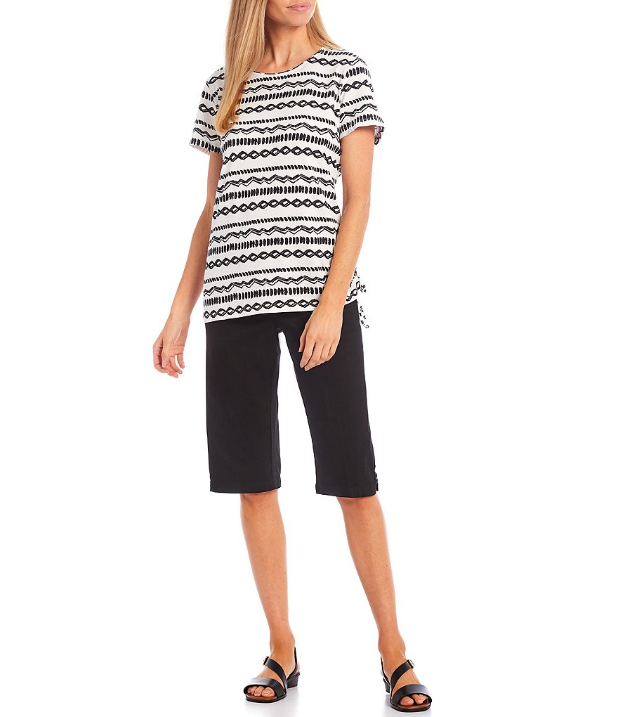Allison Daley Horizontal Stripe Print Short Sleeve Side Ruched Detail Top