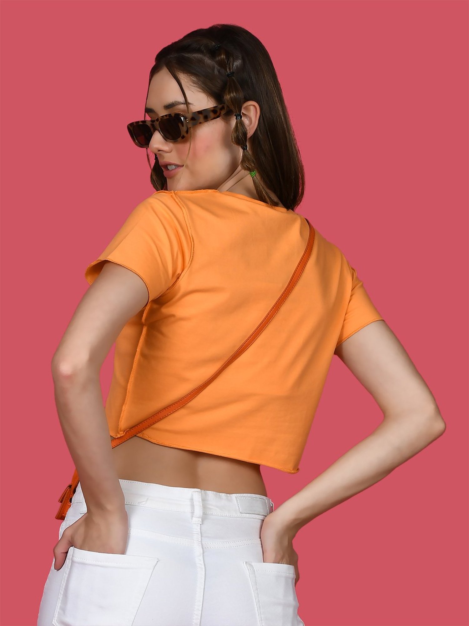 Zink London Orange Cotton Regular Fit Crop Top