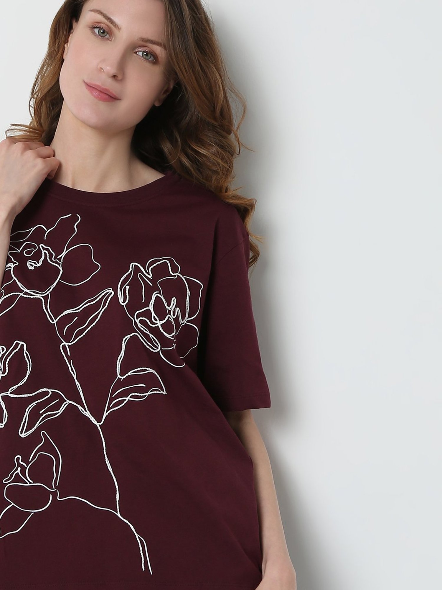 Vero Moda Maroon & White Cotton Floral Print T-Shirt