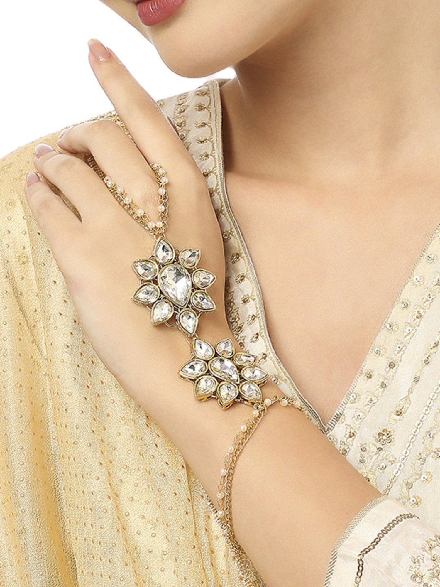 Oomph Gold Tone Pearls & Kundan Hand Harness
