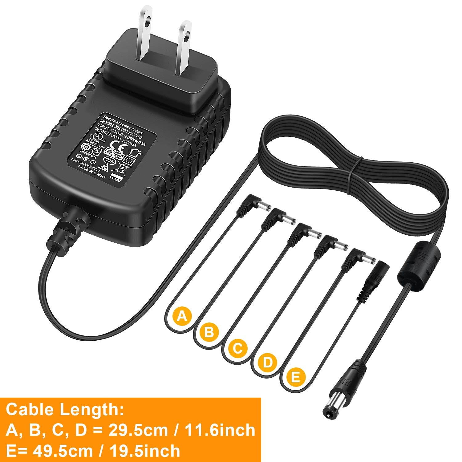 NEUMA Guitar Effects Pedal Power Supply Adapter 9V DC 1A (1000mA) with Cable 5 Way Daisy Chain Cord
