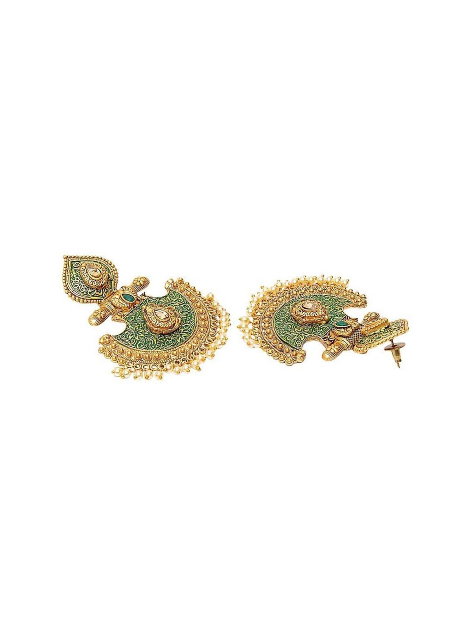 Panash Gold-Toned & Green Geometric Handpainted Jhumki Earrings