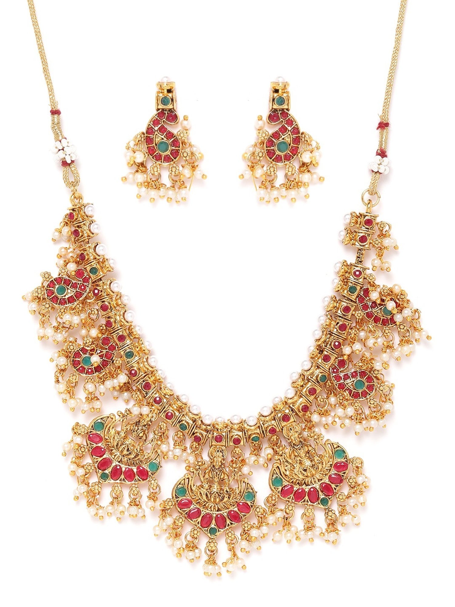Zaveri Pearls Green & Pink Stones Goddess Laxmi Temple Choker Necklace & Earring Set-ZPFK9638