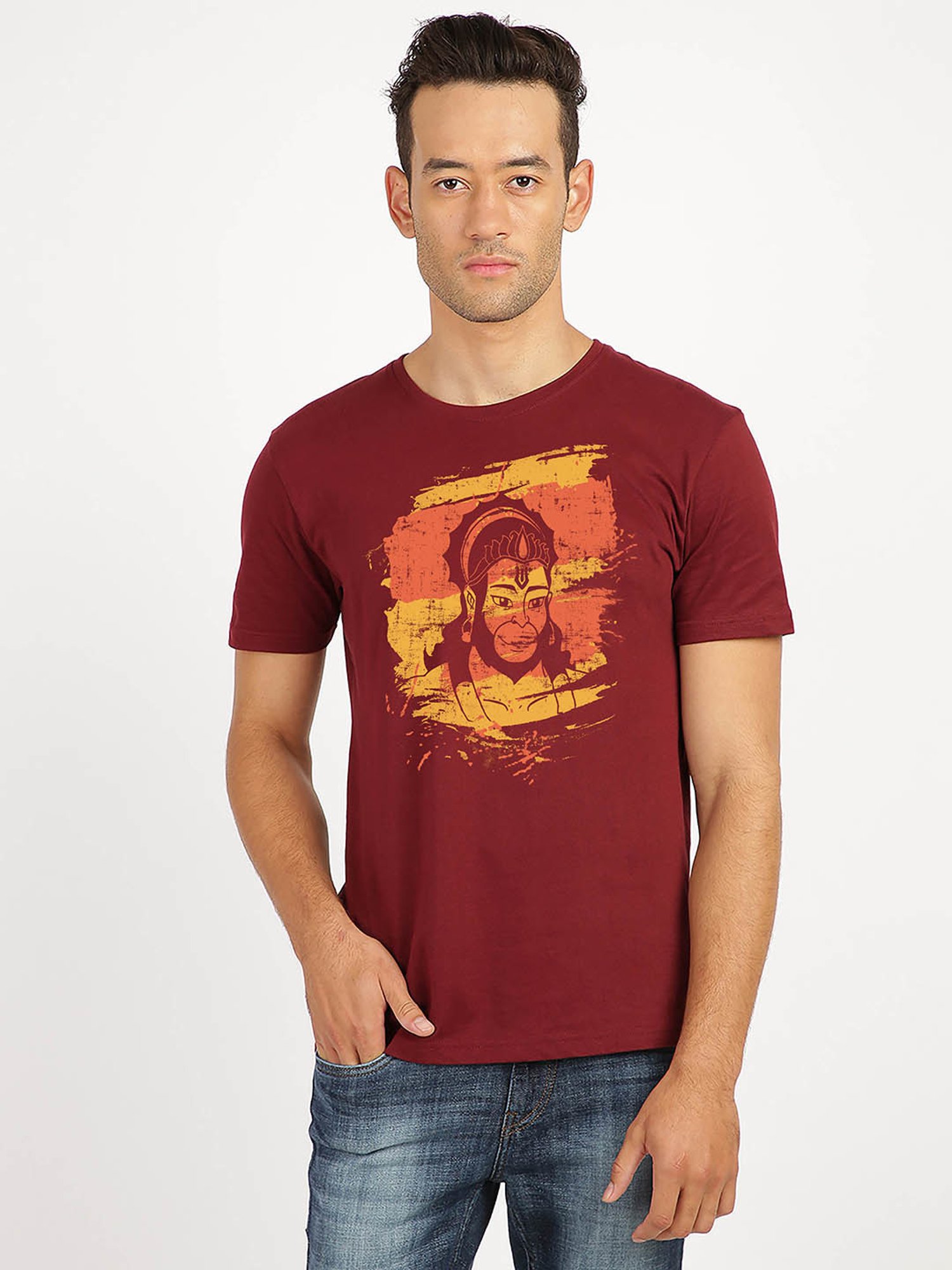 BLACK RADIO Maroon Slim Fit Printed Cotton Crew T-Shirt