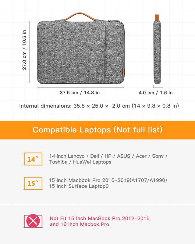 Inateck 14 Inch Laptop Sleeve Case Compatible with 14 Inch Chromebook Notebook Ultrabook, 15 Inch Macbook Pro 2016-2019(A1707/A1990), 15 Inch Surface Laptop3