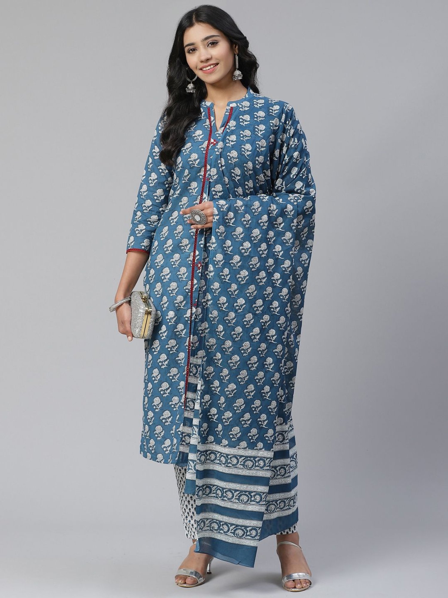 Sringam Blue & White Cotton Printed Kurta Pant Set With Dupatta