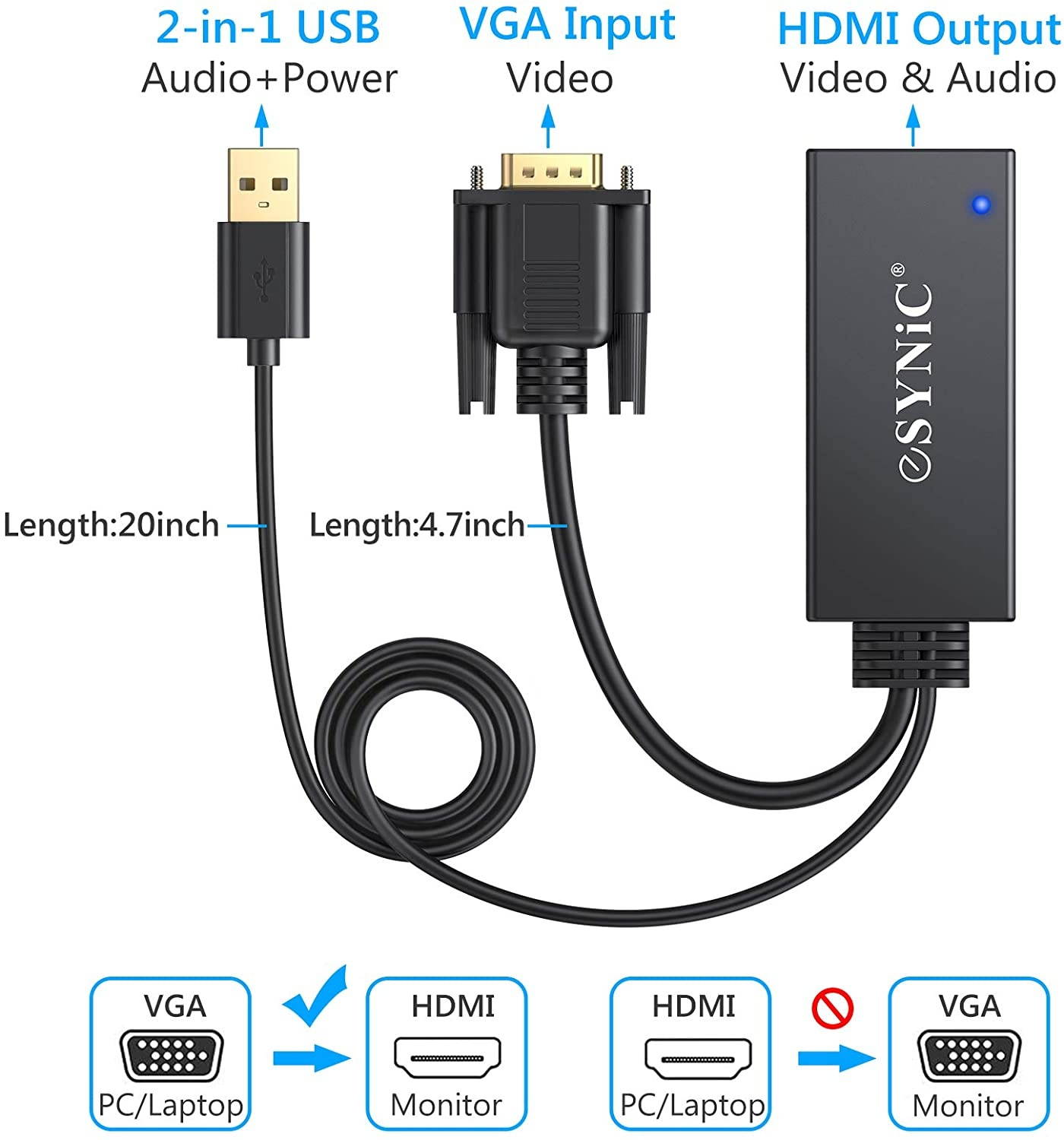 eSynic VGA to HDMI Converter Gold Plated VGA to HDMI Out 1080P Audio HD Video Converter Box PC to HDTV Cable Adapter for Computer Desktop Laptop PC DVD from Analogue VGA sVGA to HDTV HD Plasma TV