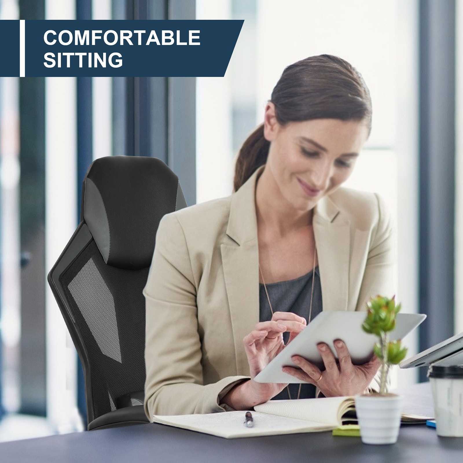 YOUTHUP Office Chair Functional Ergonomic Leather Gaming Chair Swivel Rolling Computer Desk Chair with Lumbar Support,Black and Grey