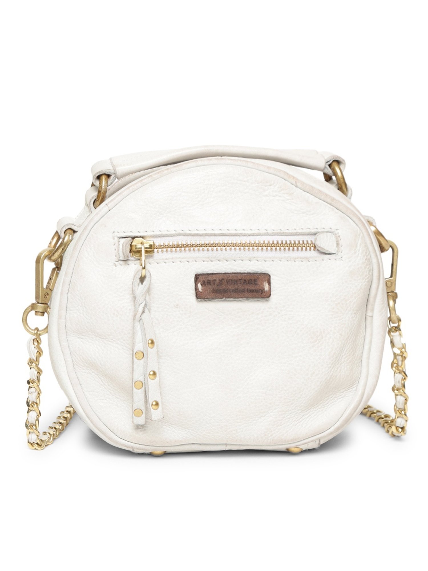 Art N Vintage Chic Riveted Elegance White Leather Embellished Small Handbag