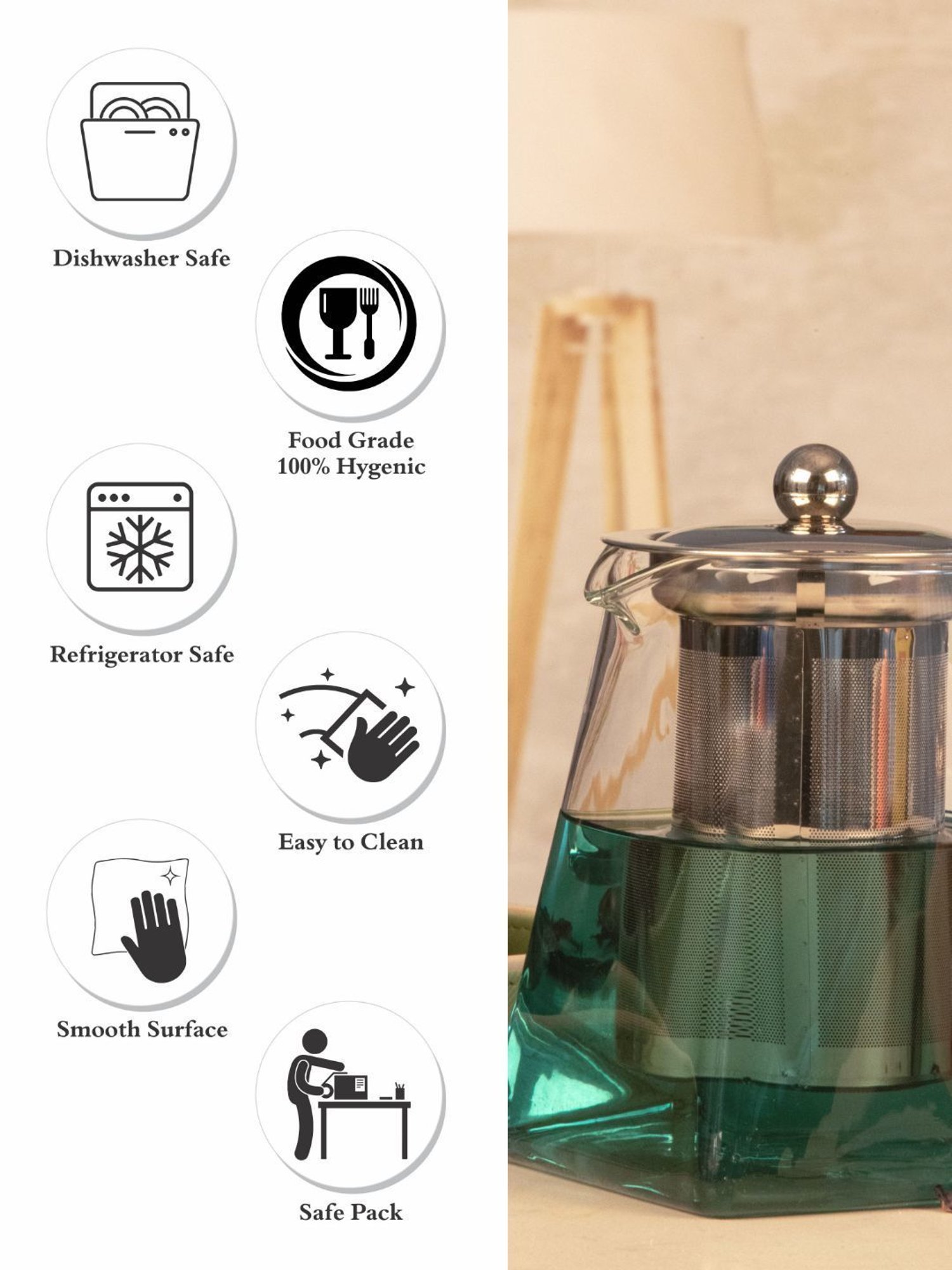 White Gold Glass Tea Pot with Steel Lid (700ml)