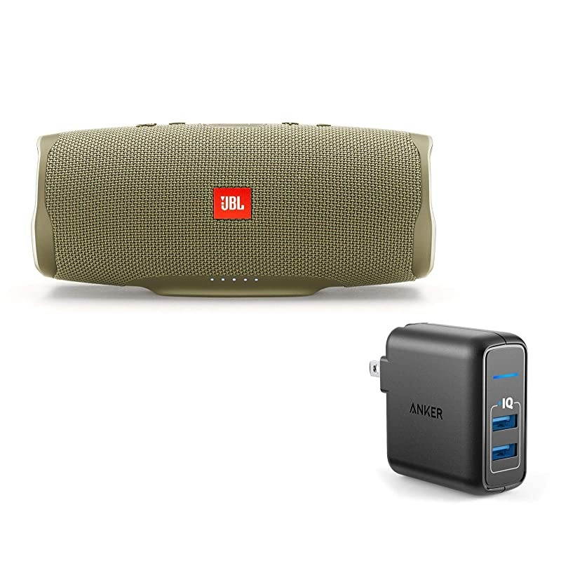 Charge 4 Portable Waterproof Wireless Bluetooth Speaker Bundle with Anker 2-Port Wall Charger - Sand