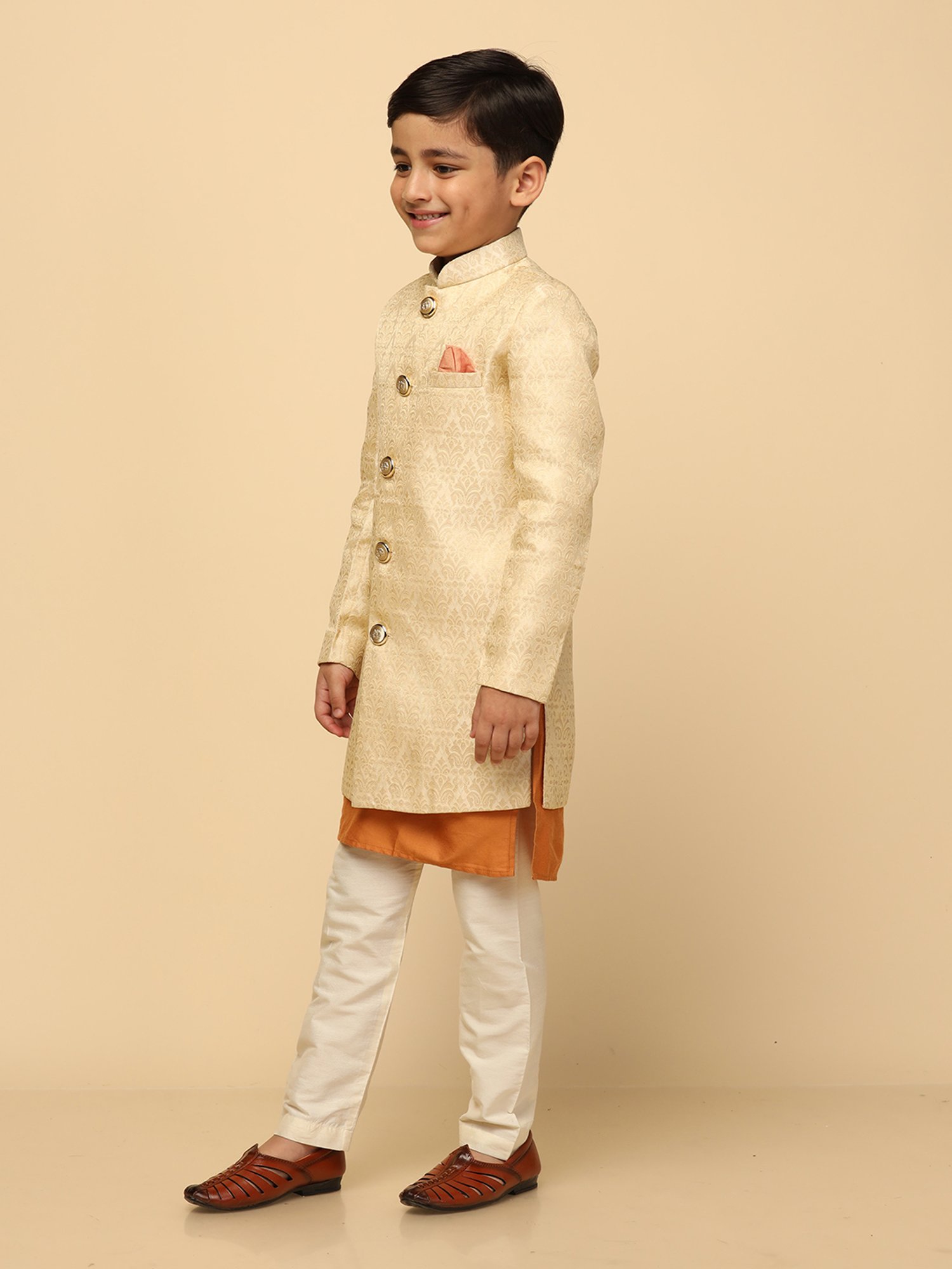 KISAH Boys Beige Embroidered Full Sleeves Sherwani