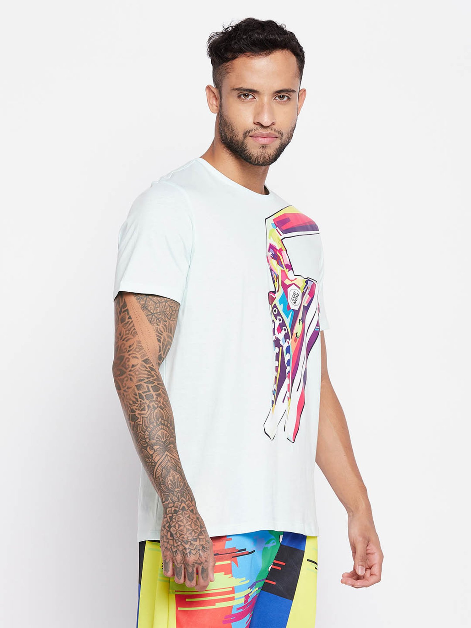 EDRIO Light Blue Regular Fit Printed T-Shirt