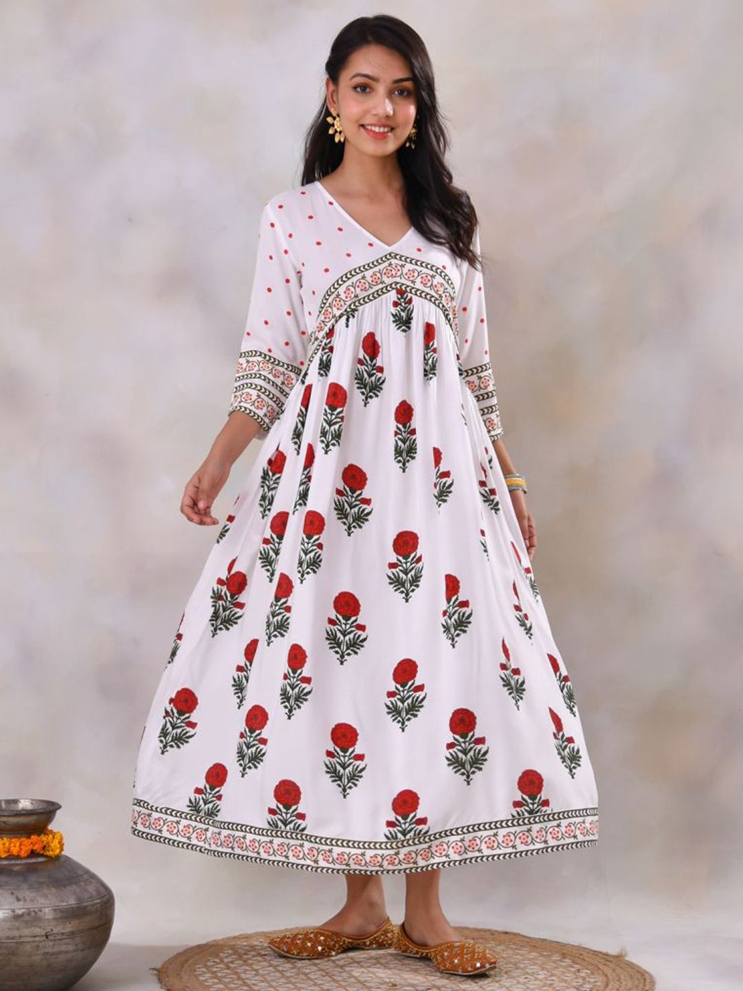 Rustorange Off White Printed Dress