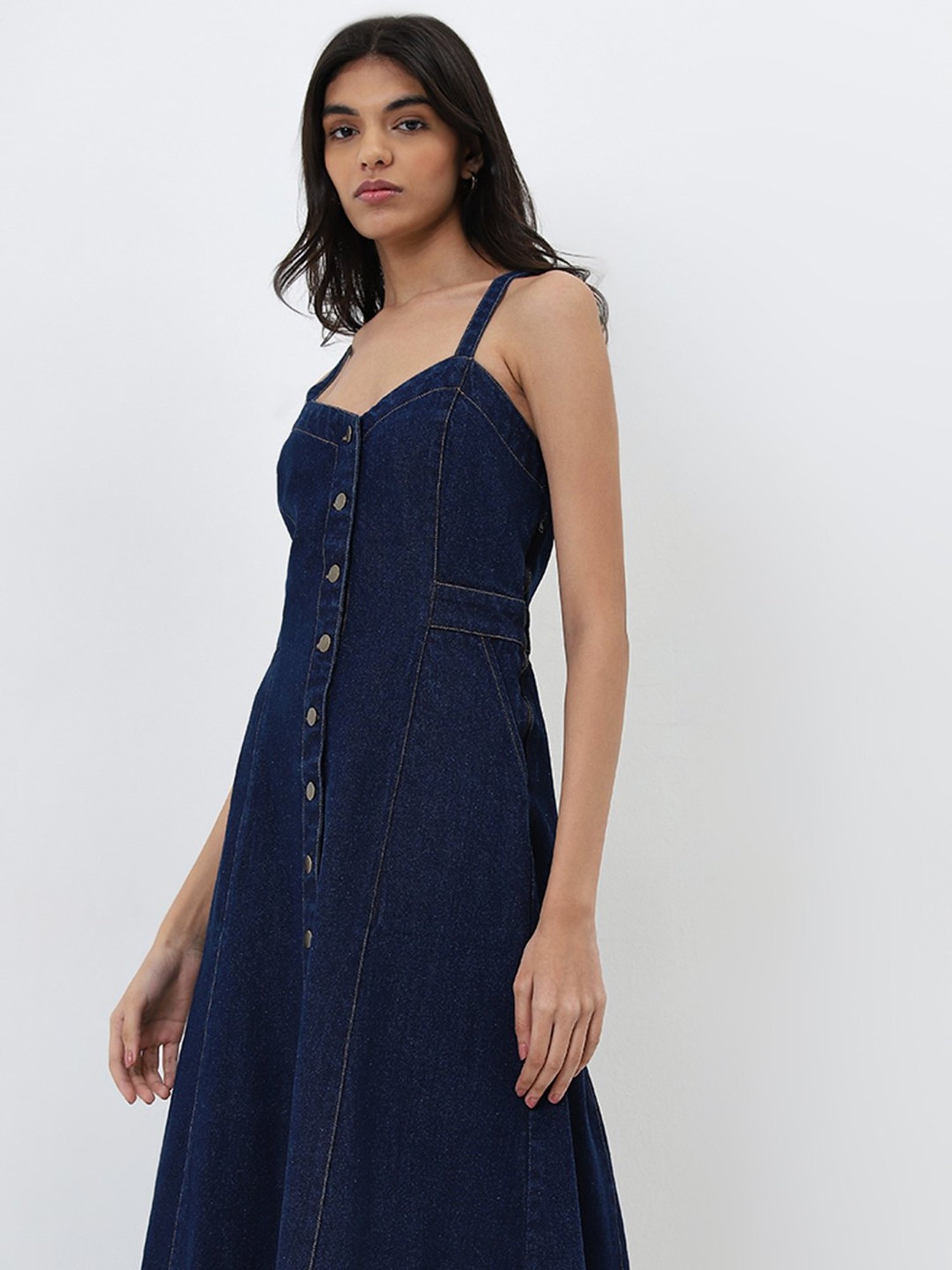 LOV by Westside Dark Blue A-Line Denim Dress