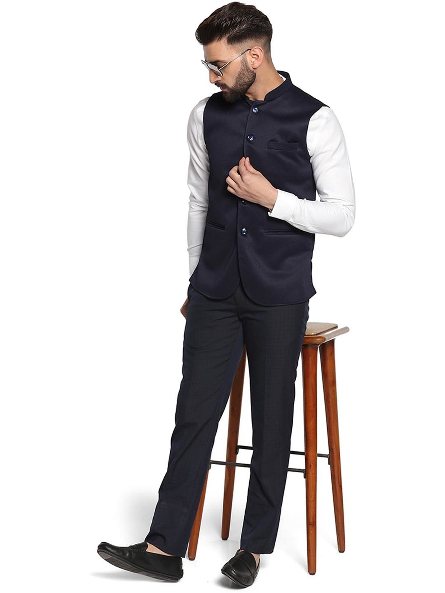 TAHVO Navy Blue Cotton Slim Fit Nehru Jacket