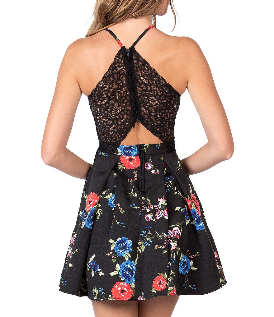 B. Darlin Sleeveless Floral-Printed Bralette-Back Fit-And-Flare Dress