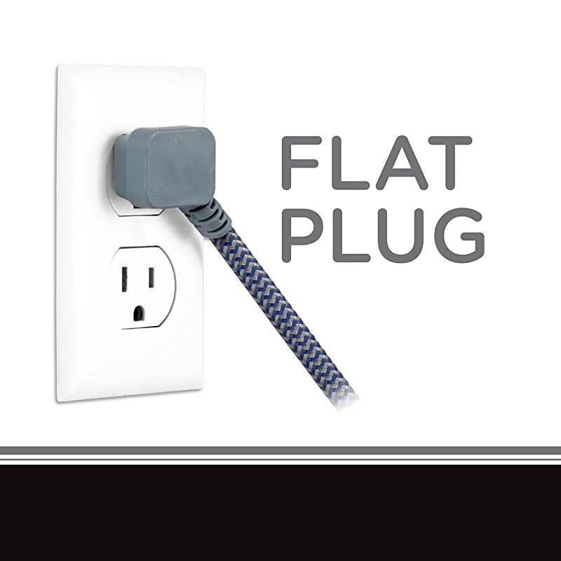 43434T1 NavyGray Designer 3 Extension 2 Prong Power Strip Extra Long 15 Ft Cable with Flat Plug Braided Chevron Fabric Cord SlidetoClose Safety Outlets 43434