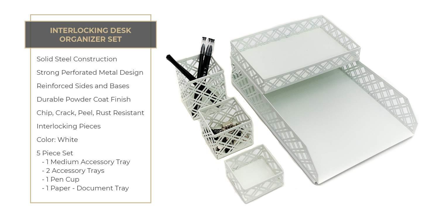 Blu Monaco White Desk Organizer - 5 Piece Interlocking Desk Accessories Set - Paper - Document Tray, Pen Cup, 3 Assorted Accessory Trays
