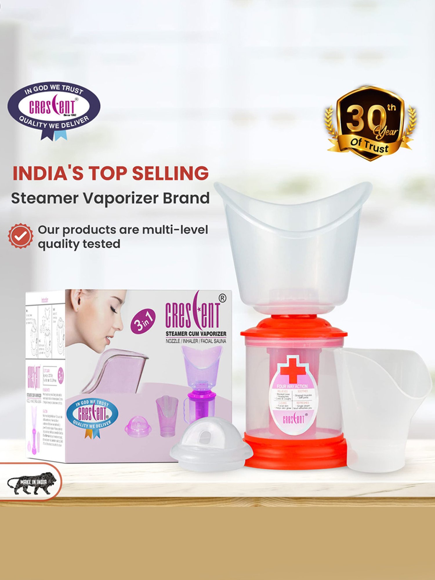 Crescent 3 in 1 Facial Steamer for face, Steamer Vaporizer for Cold & Cough, Facial Sauna (Red)