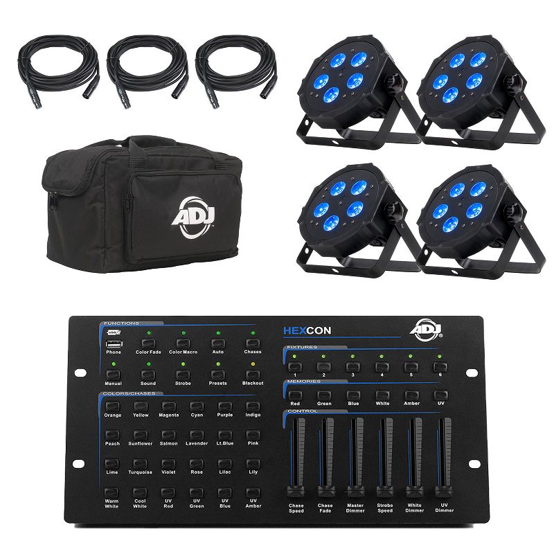 American DJ Mega Flat Hex Pak Lighting System & ADJ HEXCON Hex Series 6 Channel DMX DJ Controller with Built-In USB Port, Black