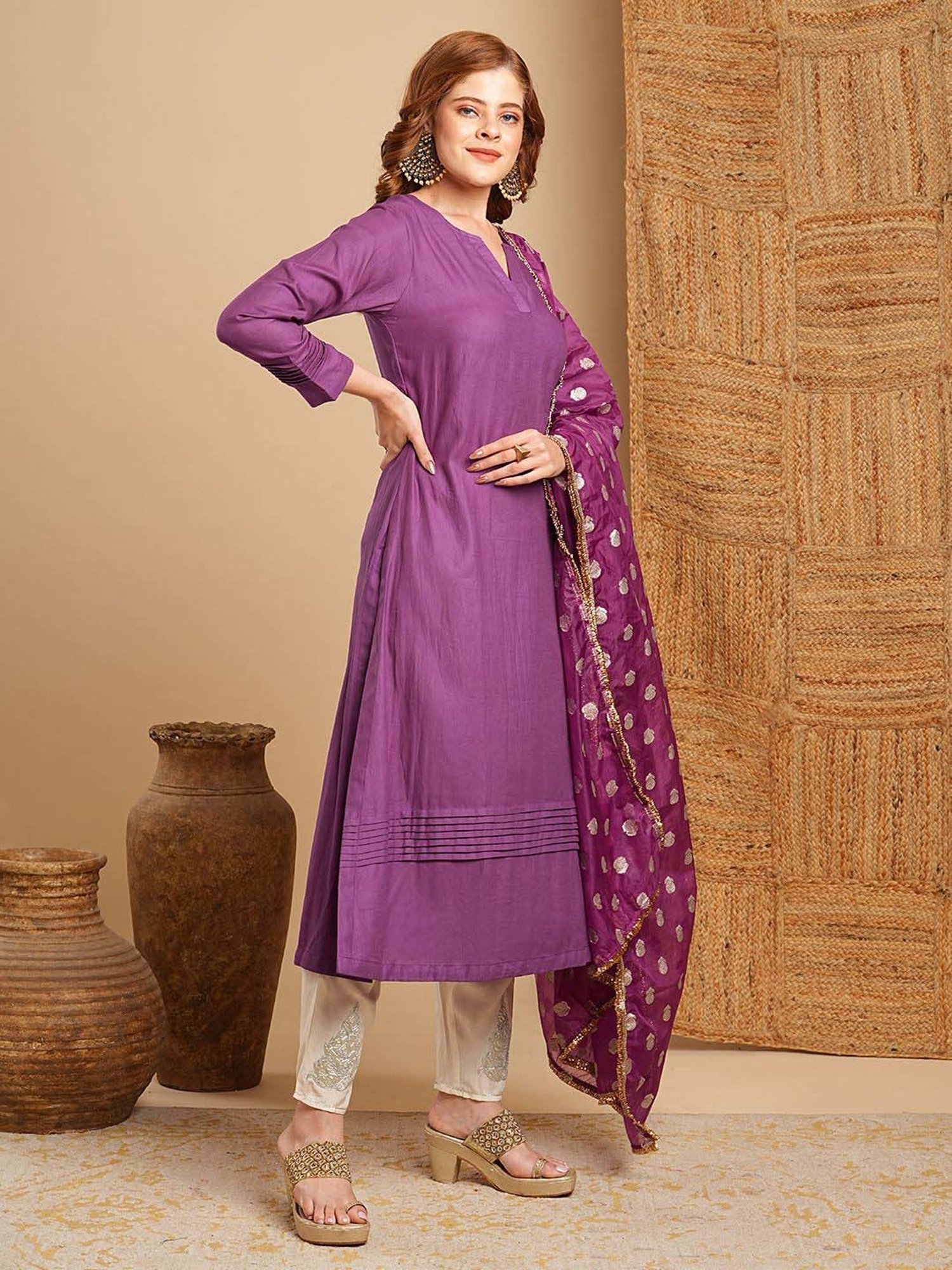 Fashor Purple Kurta & Pant Set With Dupatta