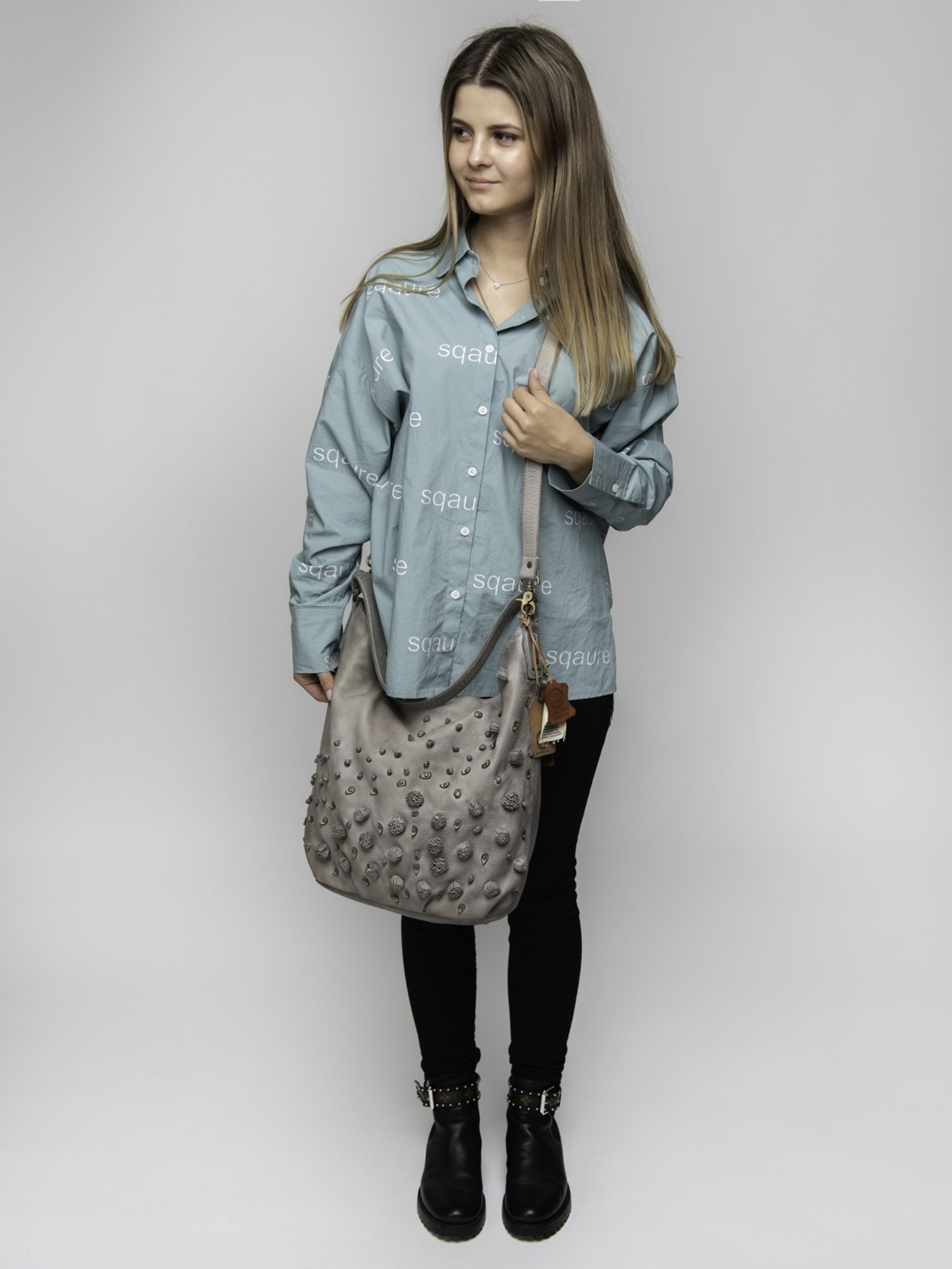 Art N Vintage Garofano Grey Leather Textured Medium Hobo Handbag