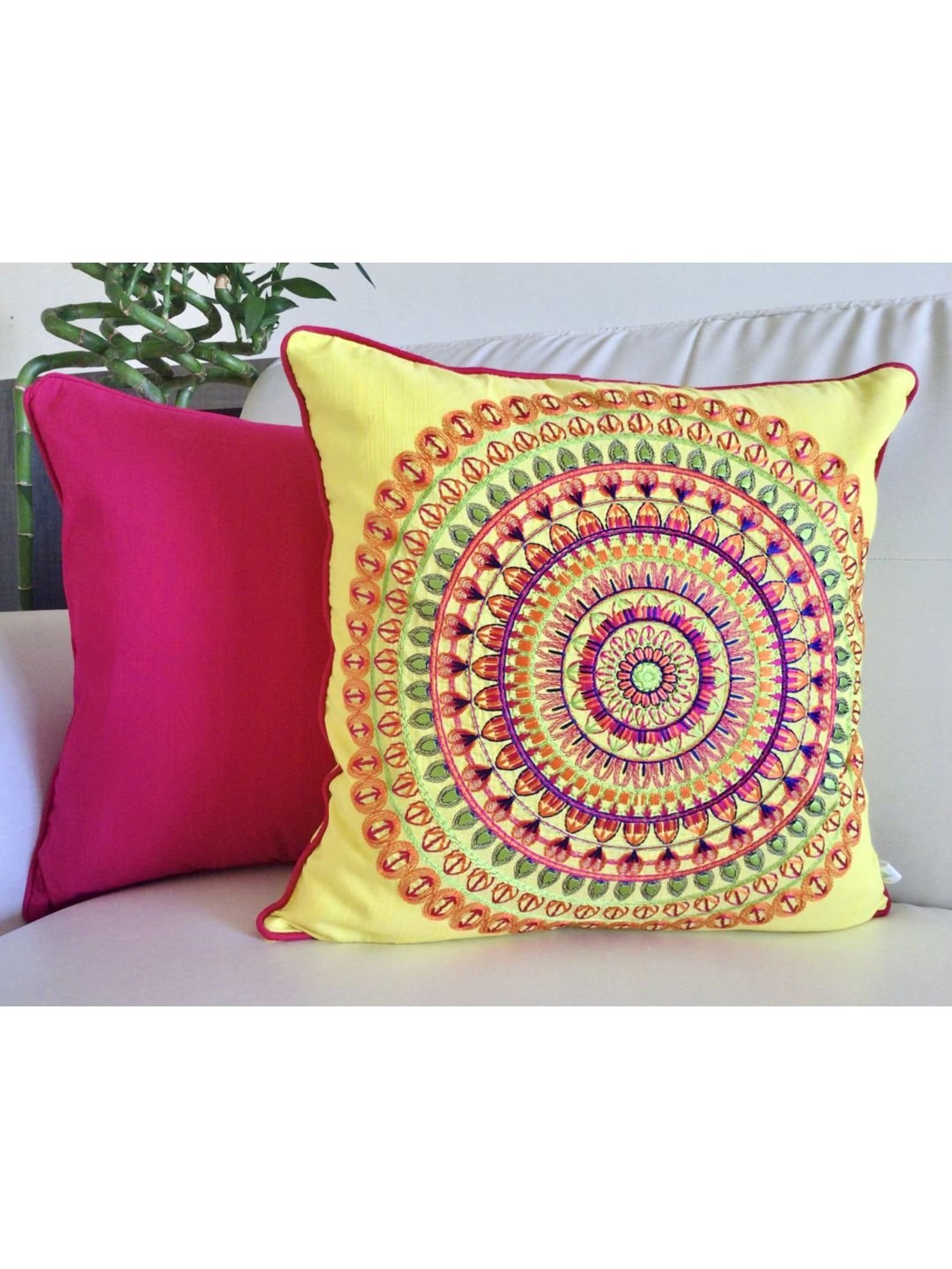 TARA Sparkling Homes Pink Embroidered Cotton Silk Cushion Cover - Set of 2