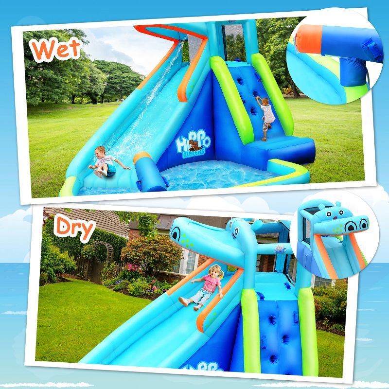 Costway Inflatable Kids Hippo Bounce House Slide Climbing Wall Splash Pool w/740W Blower