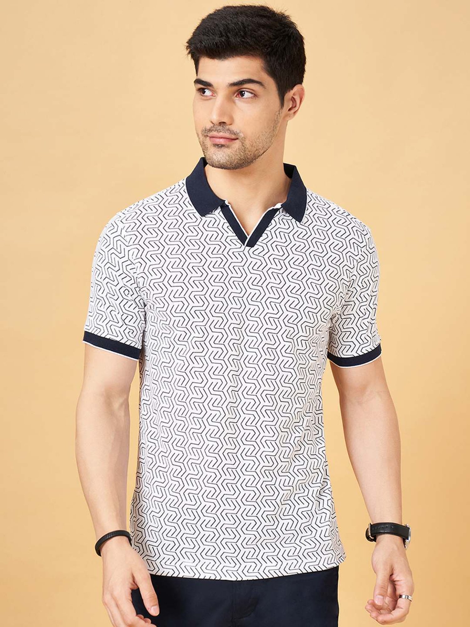 Byford By Pantaloons White Slim Fit Printed Polo T-Shirt