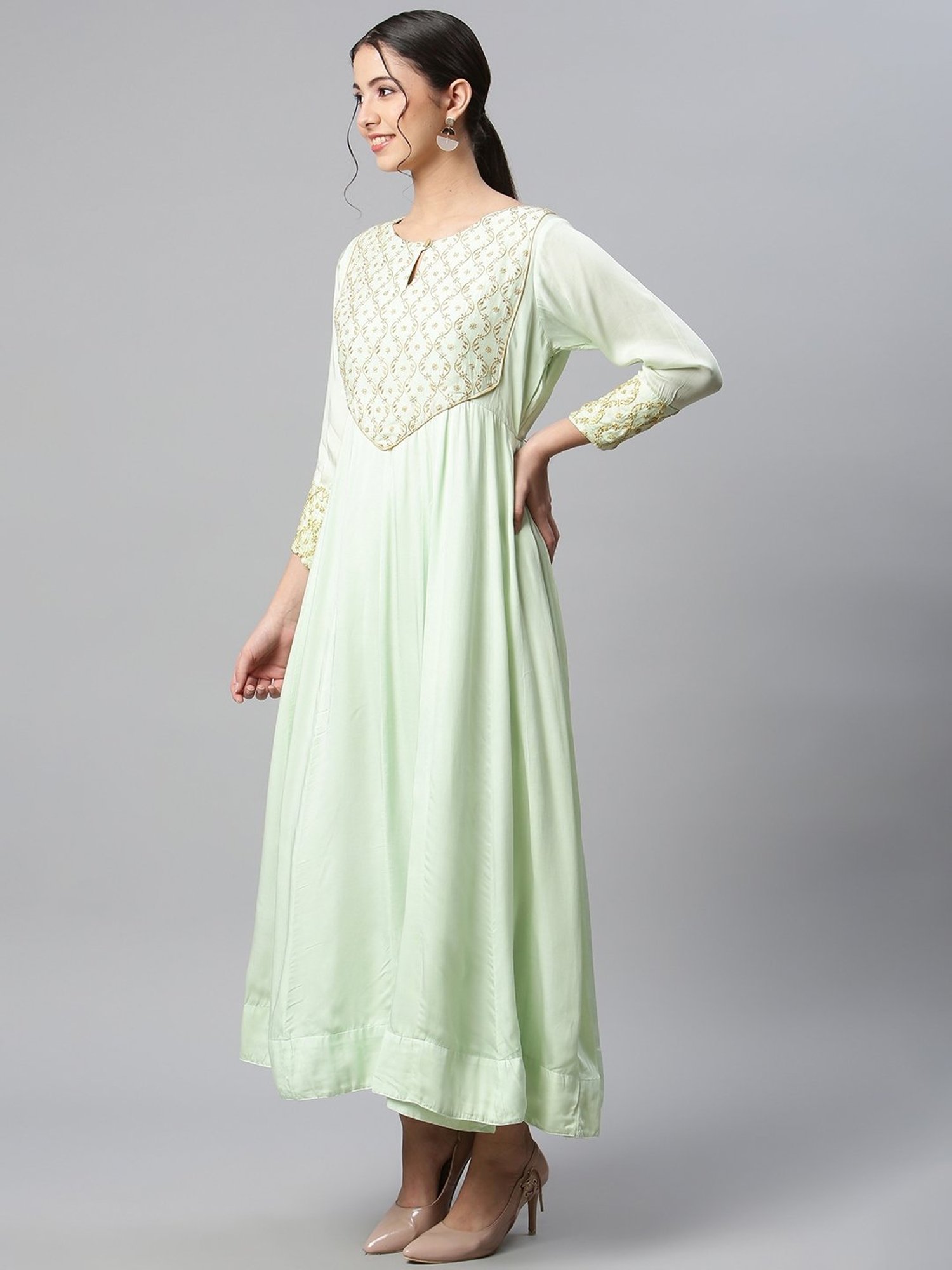 SHADES Green Chikankari A Line Kurta