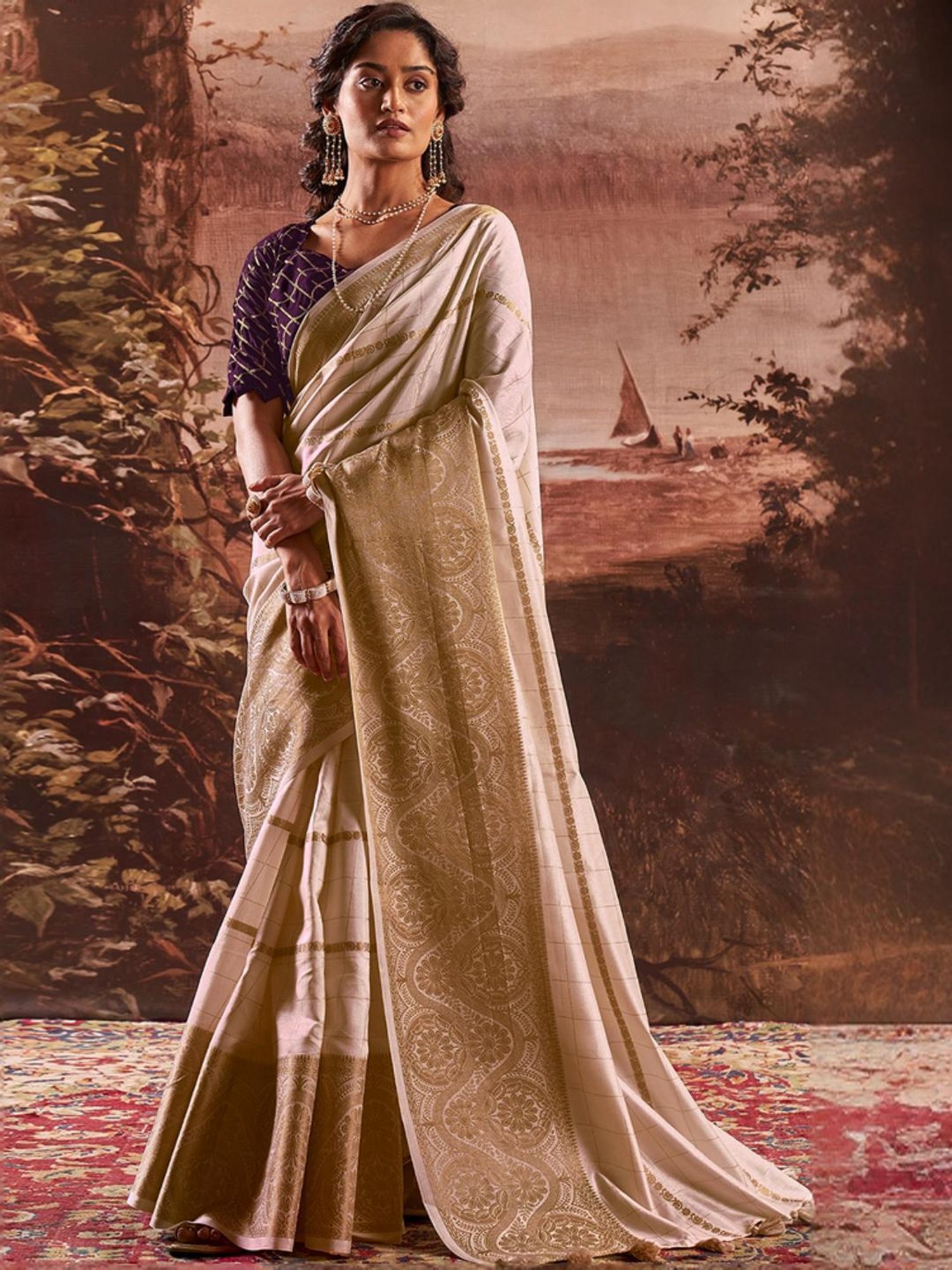 Satrani Beige Woven Saree With Unstitched Blouse