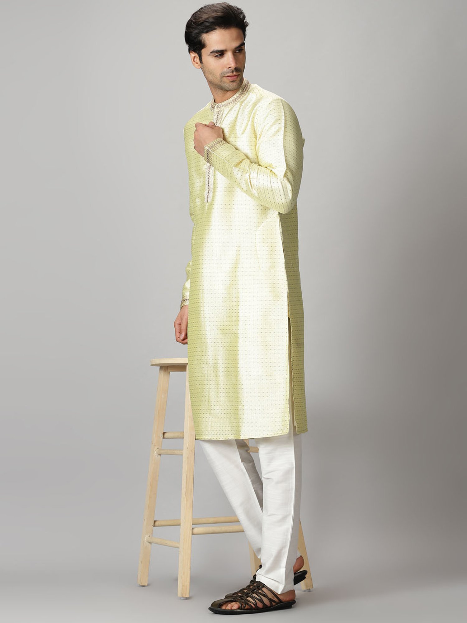 Saffron Threads Lemon Yellow Jacquard Kurta