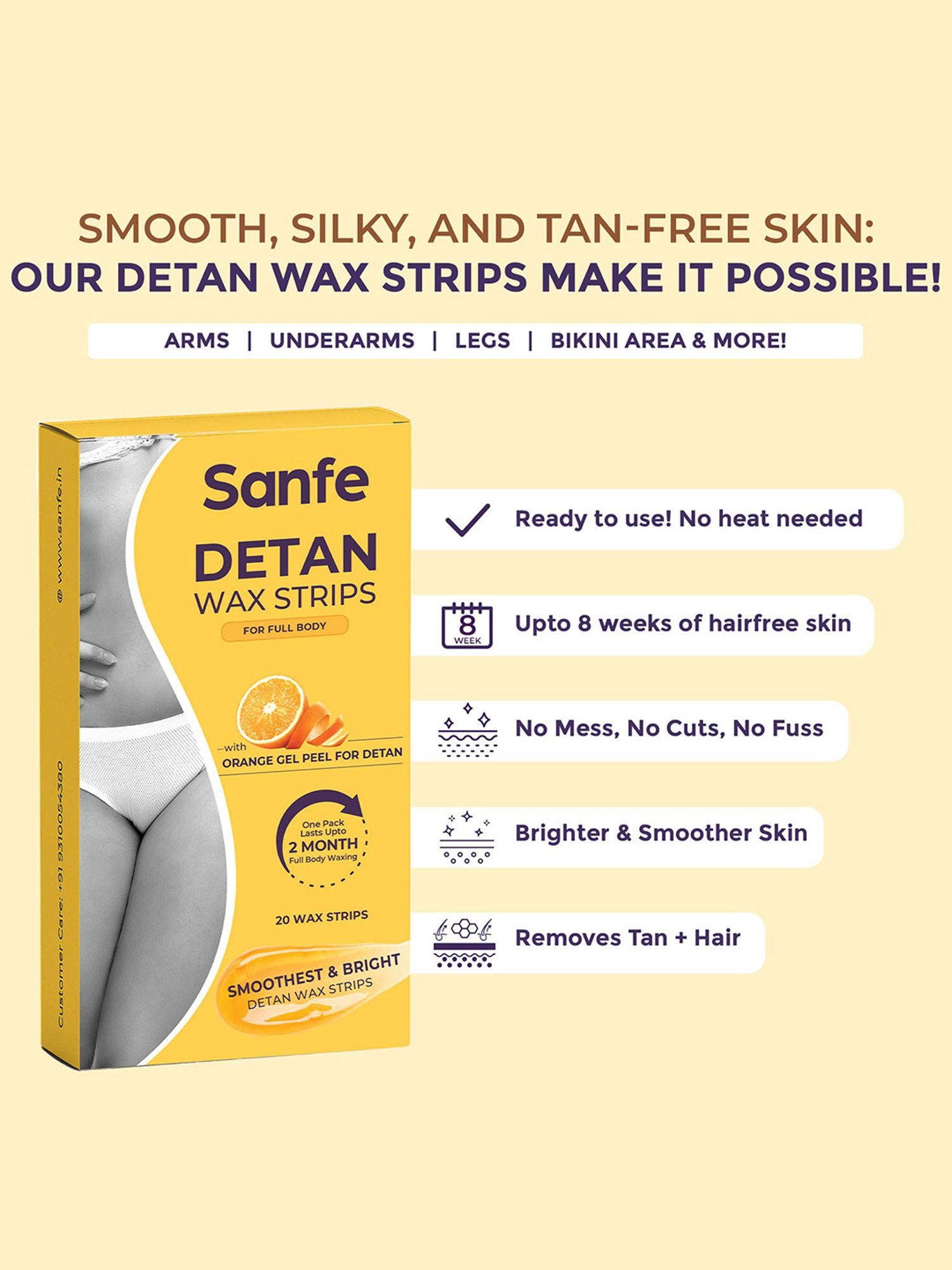 Sanfe Detan Wax Strips with Orange Gel Peel for Women - 20 Strips