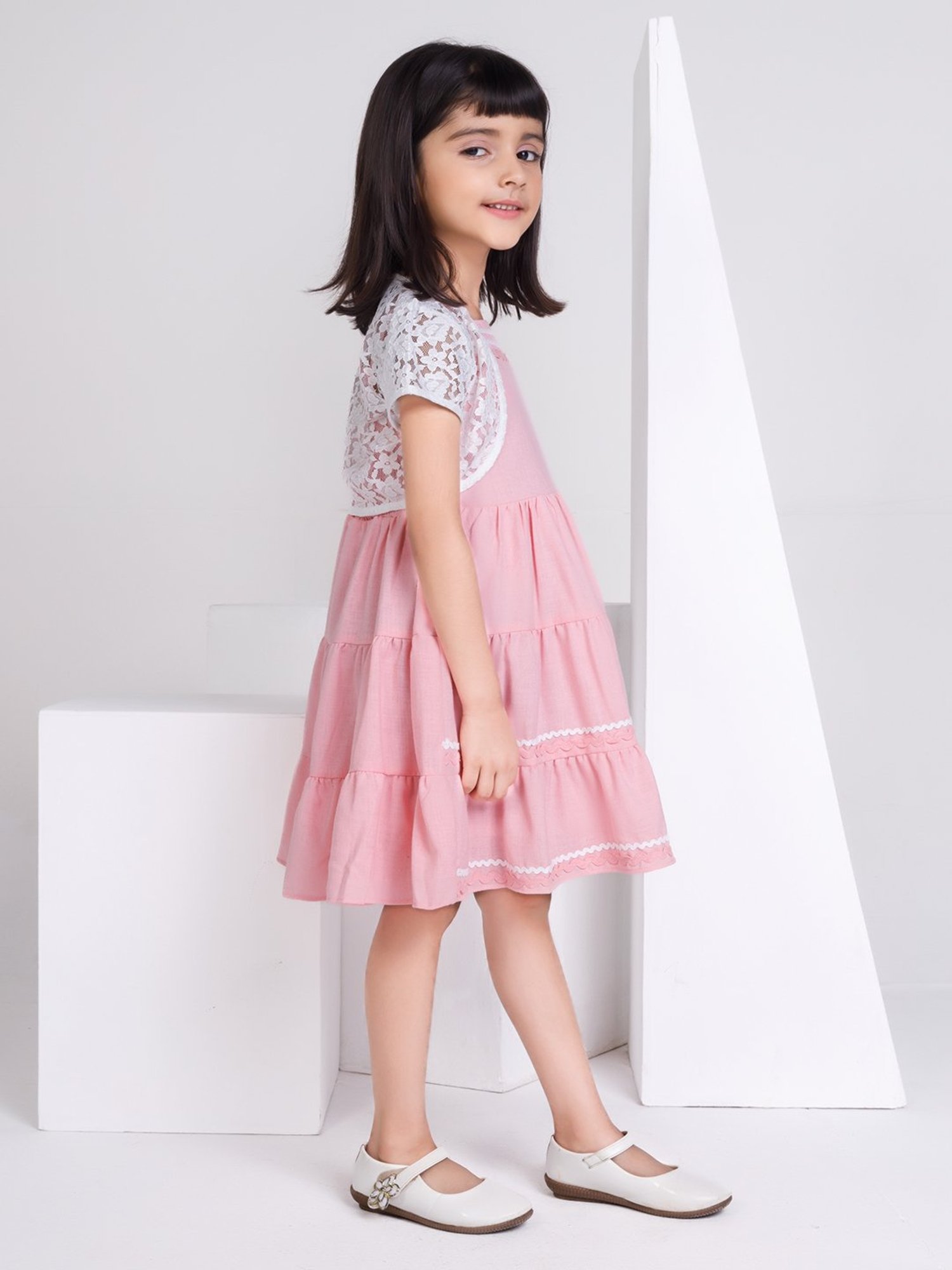 Peppermint Kids White & Light Pink Self Design Dress with Jacket