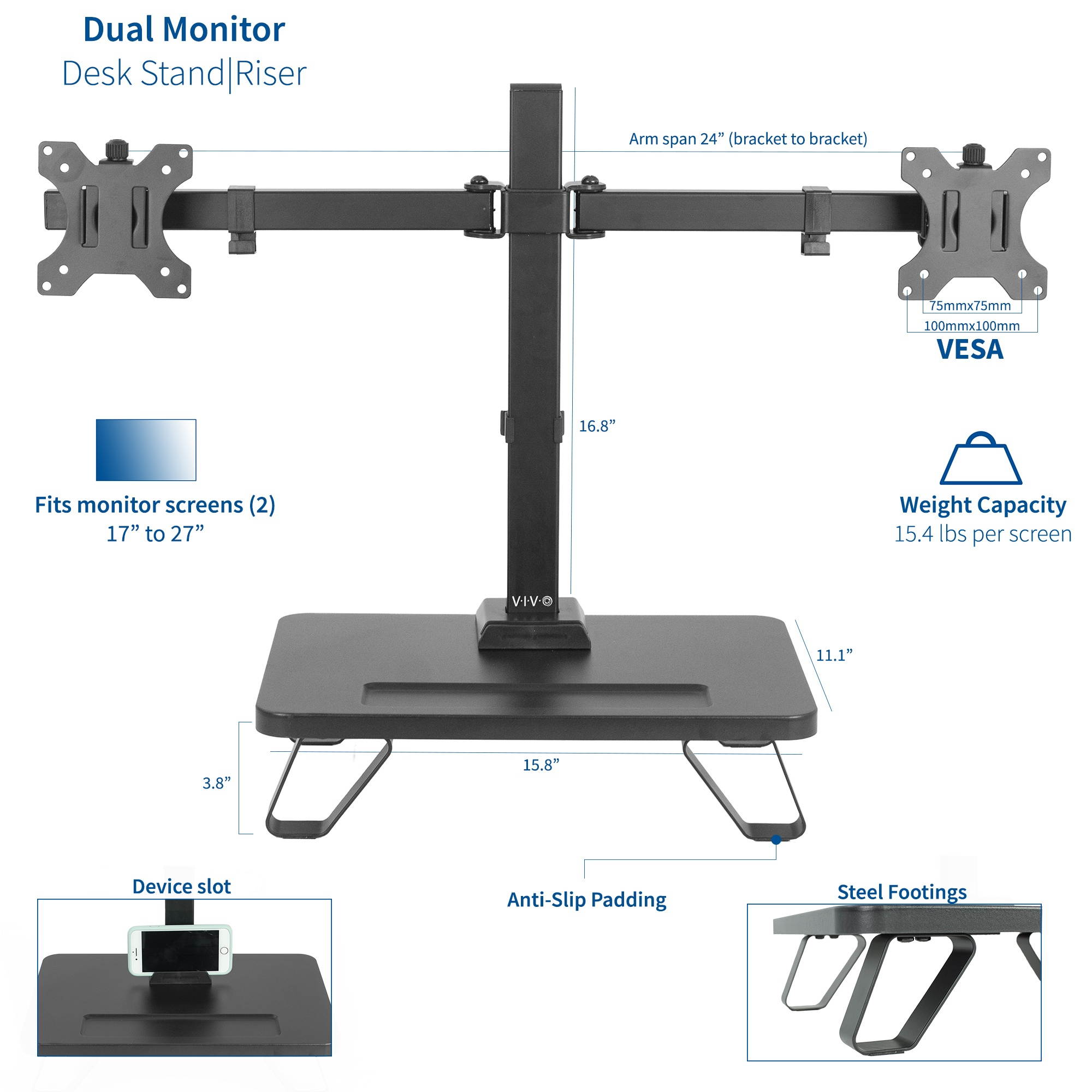 VIVO Black Freestanding Dual Monitor Stand with Riser for 17&rdquo; to 27&rdquo; Screens | Mount with Storage (STAND-V102SF)