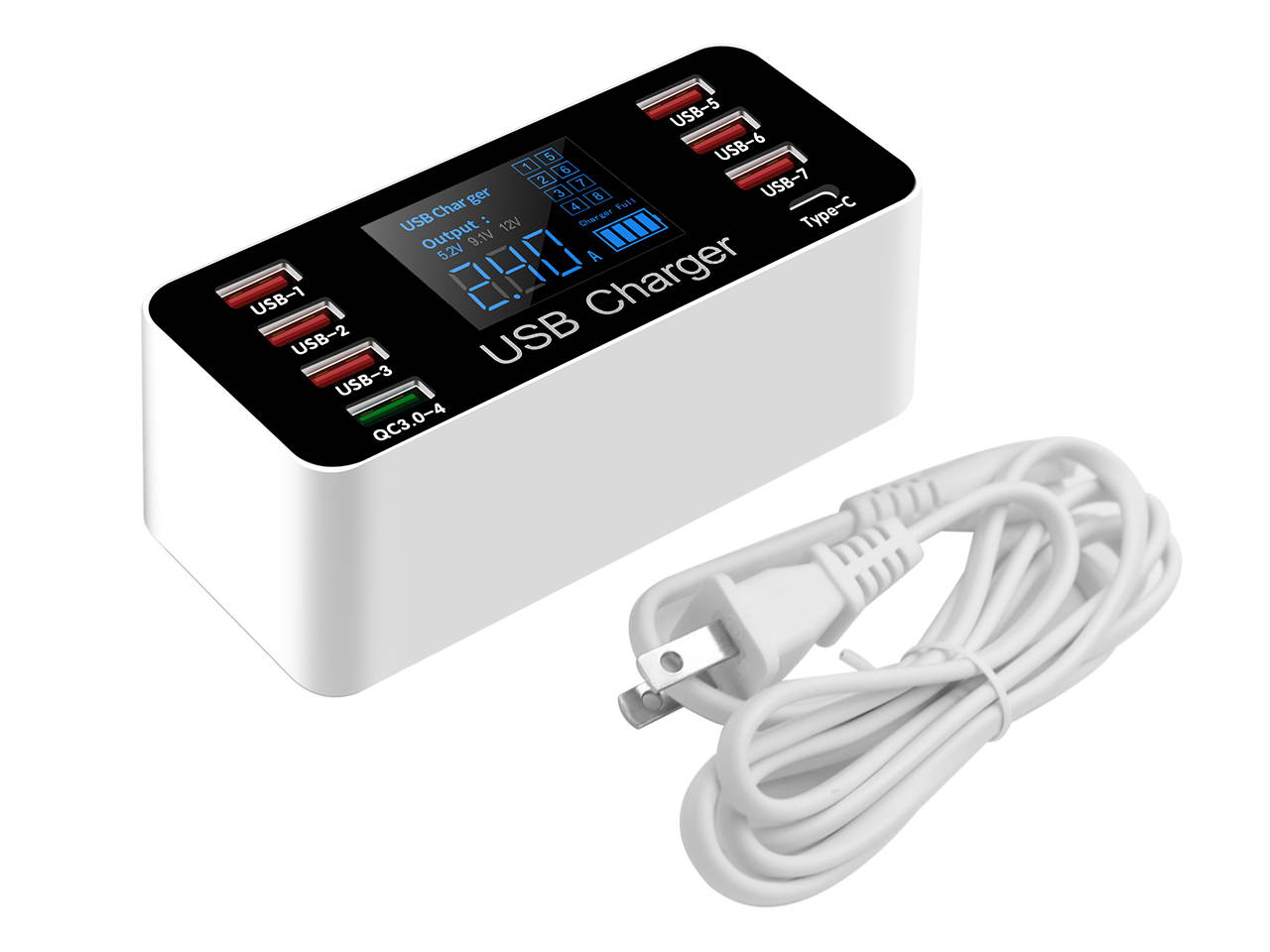 Multi USB 8-Port Smart Fast Desktop Hub Wall Charger Charging Station Quick Charge 3.0 USB Type C Port With LED Display Compatible with Apple Samsung Android Smart Phone, Tablet, Nintendo Switch Games